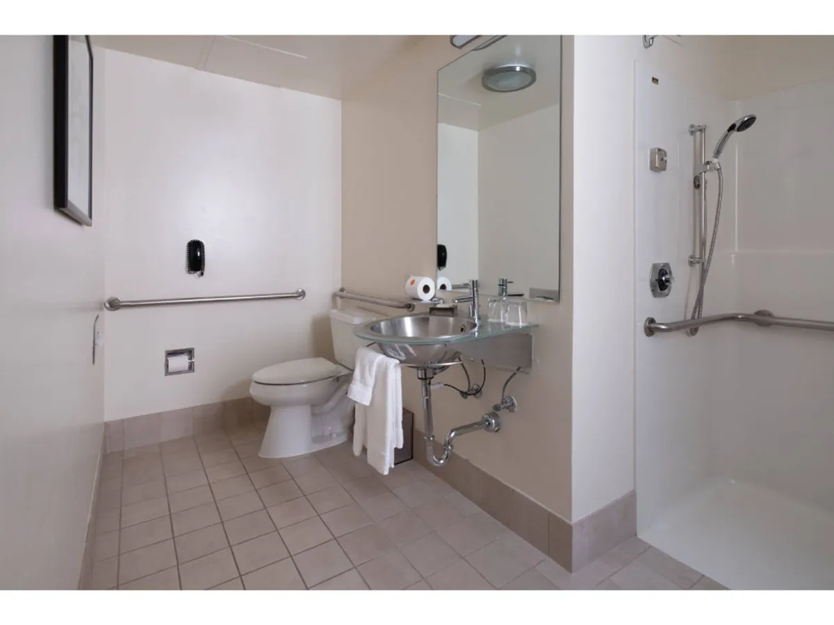 An accessible bathroom with a roll-in shower, grab bars, a modern sink, and toilet. The spacious layout and practical fixtures are designed for ease of use, supporting accessibility needs.